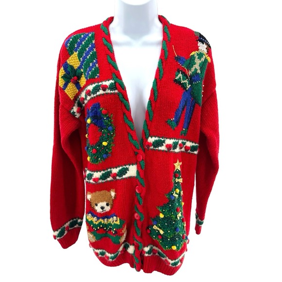 Vintage 1994 Marisa Christina Christmas Cardigan Sweater M Bear Tree Toy - Picture 1 of 8